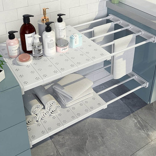 Expandable Closet Tension Shelf Storage Rack for Wardrobe, Kitchen, Bathroom